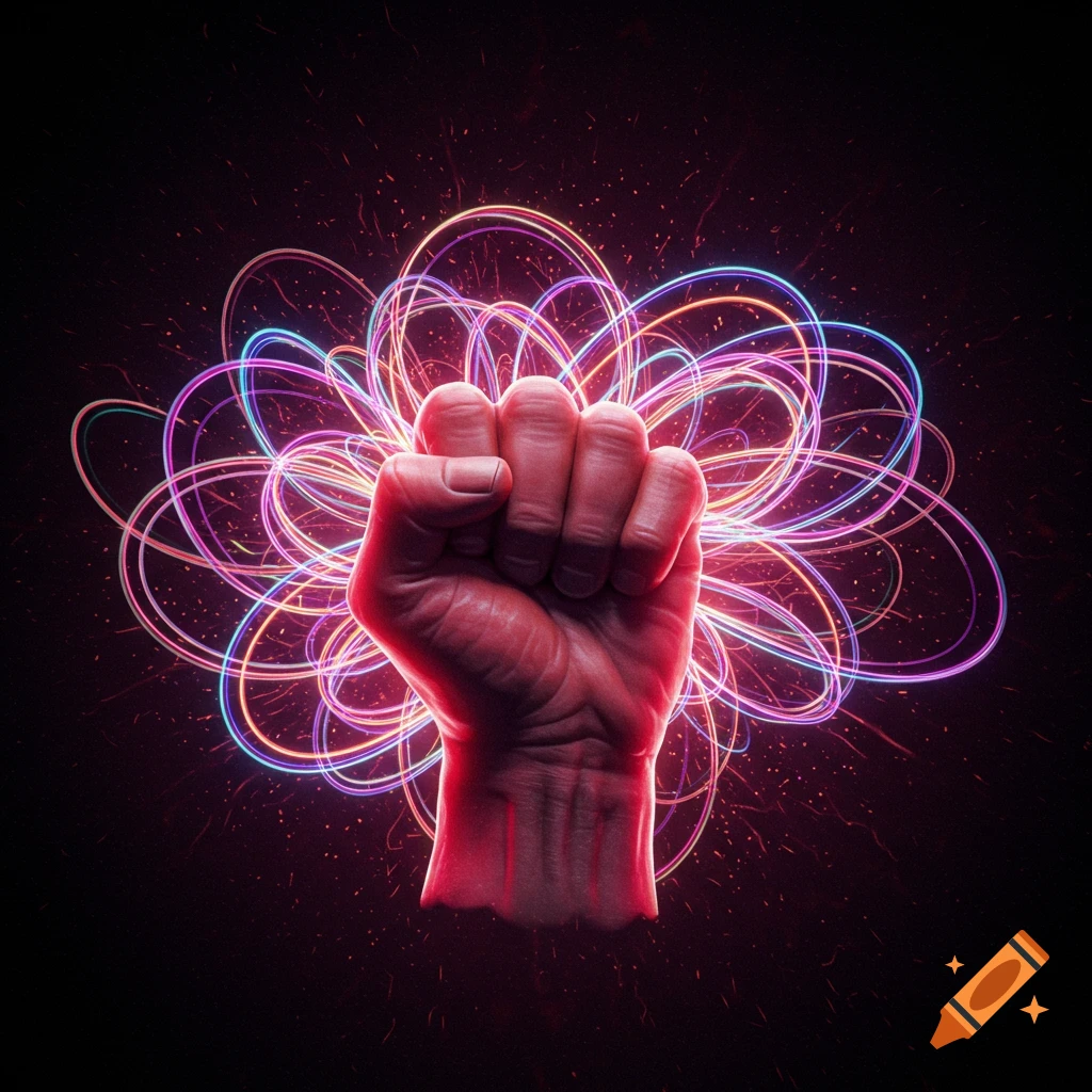 A vibrant red fist clenches, surrounded by swirling, colorful neon light trails and glowing particles on a dark background.
