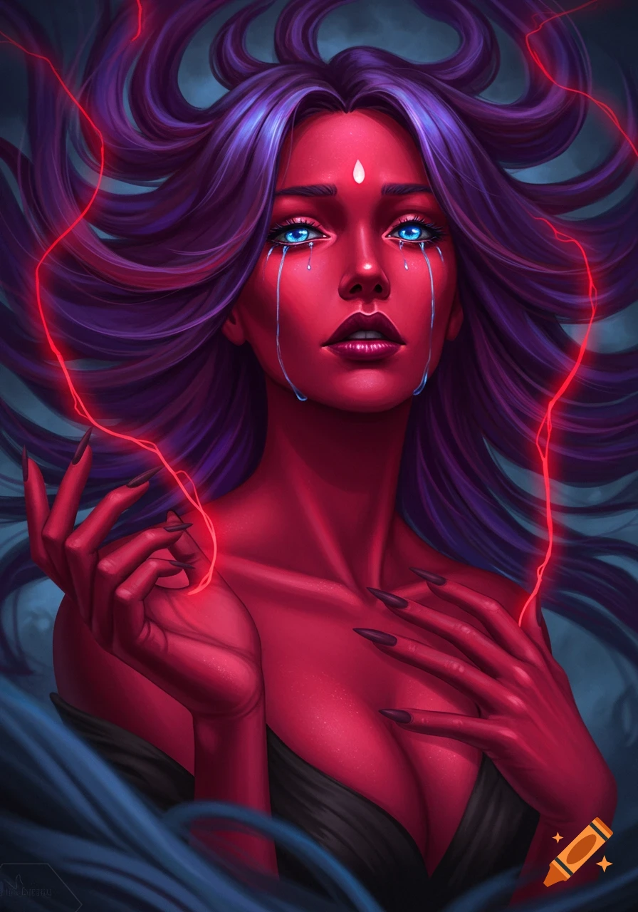 Digital art of a red-skinned Jinn woman with purple hair, blue tears, and glowing red energy from her hands.