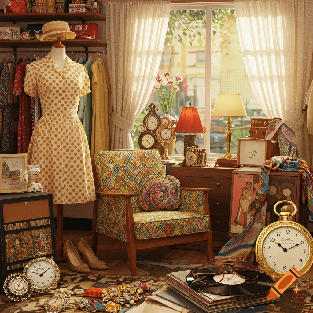 A cluttered vintage room with a polka dot dress on a mannequin, an armchair with a patterned cushion, and various antique accessories like clocks, records, and jewelry, lit by sunlight from a window.
