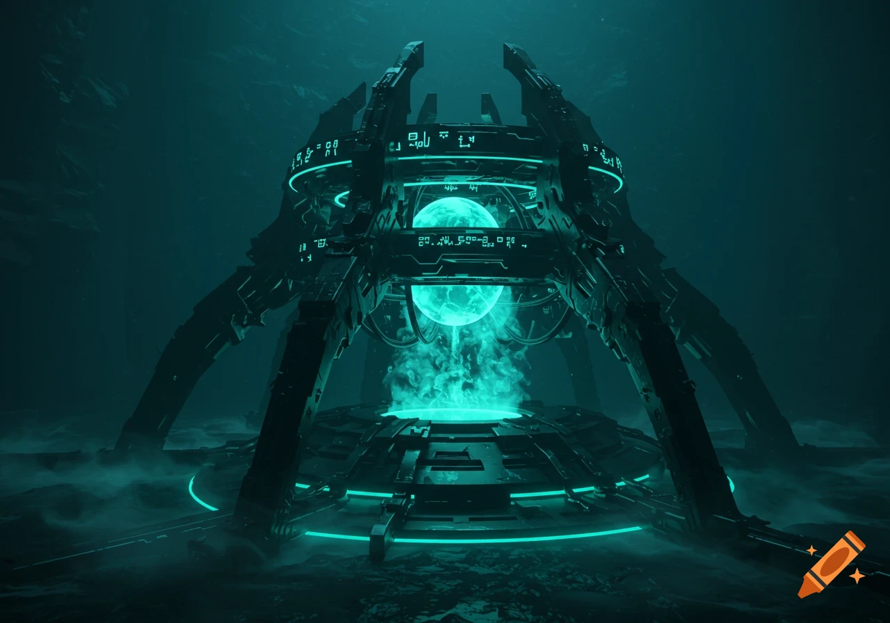 A semi-realistic alien tech core glows with teal bioluminescence, featuring dark, intricate metal structures surrounding a pulsating energy orb, set in a dark, misty environment.