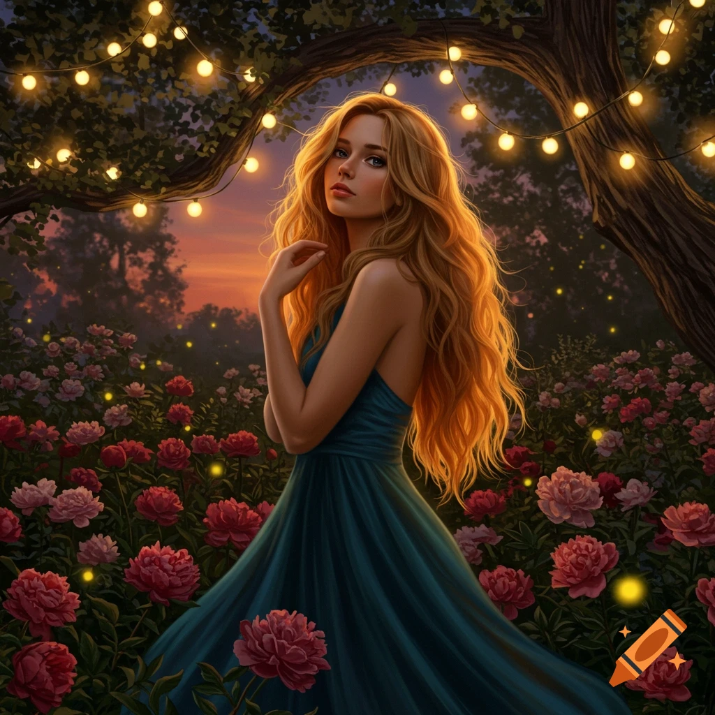 A woman with long wavy blonde hair in a teal dress stands in a garden of red peonies under an arching tree with string lights at sunset.