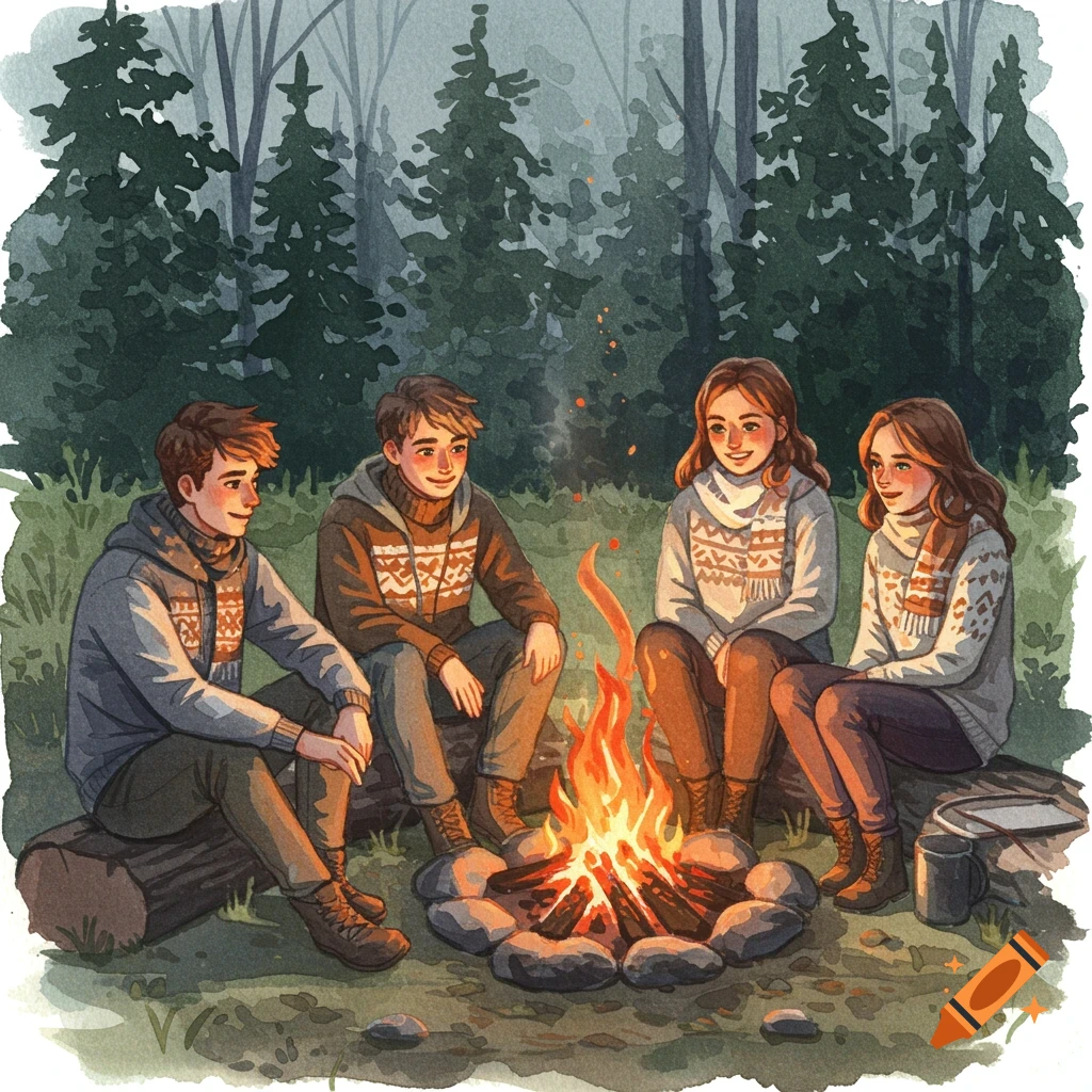 A watercolor illustration of four young people sitting around a campfire in a forest at dusk.