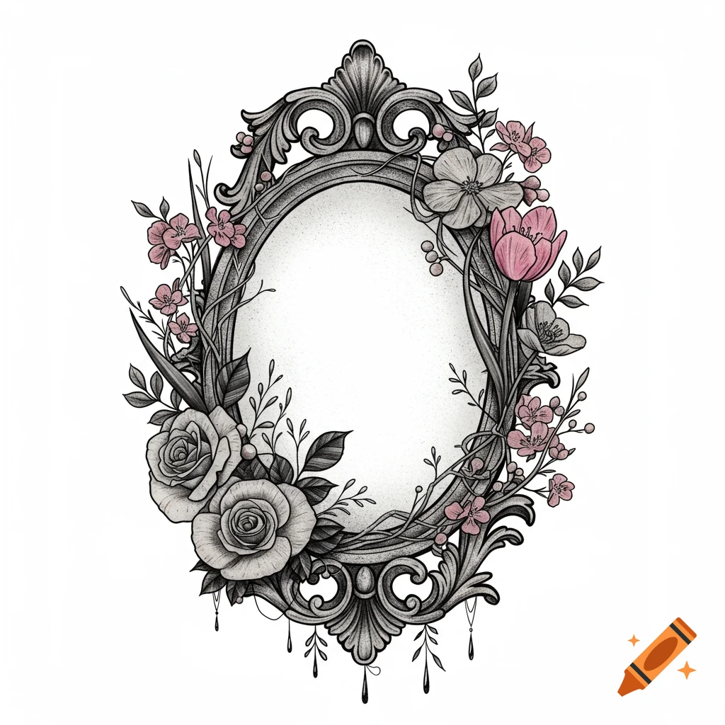 An ornate oval antique frame, gothic fairytale style, adorned with black and grey roses, pink tulips, and various lush vines and flowers in an elegant tattoo design.
