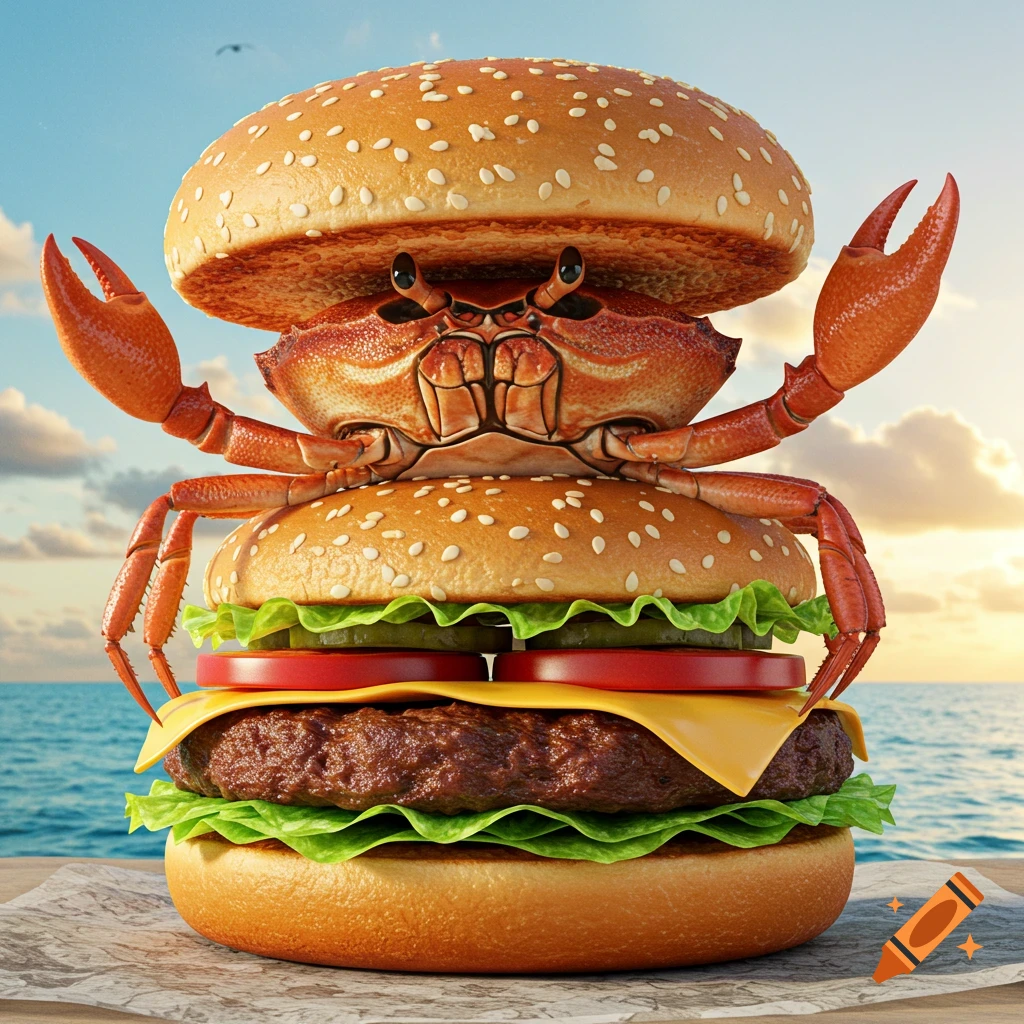 Photorealistic image of a hamburger with a whole crab as its patty, standing on a beach with the ocean in the background.