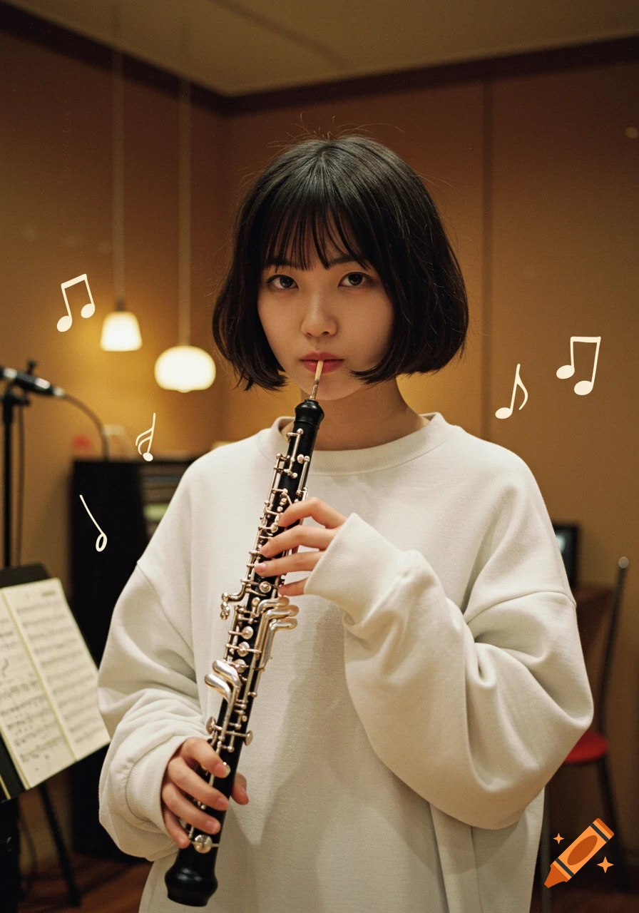 A young Asian woman with short black hair and a white sweatshirt holds an oboe in a music studio, with white musical notes floating around her.