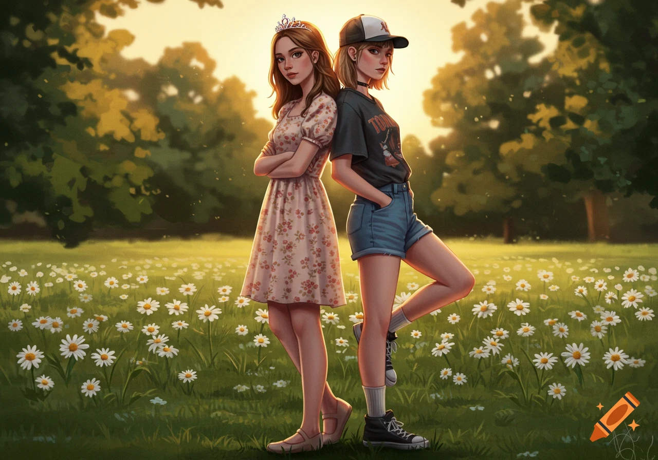 Two girls standing back-to-back in a daisy field at sunset; one wears a floral dress and tiara, the other shorts and a cap.