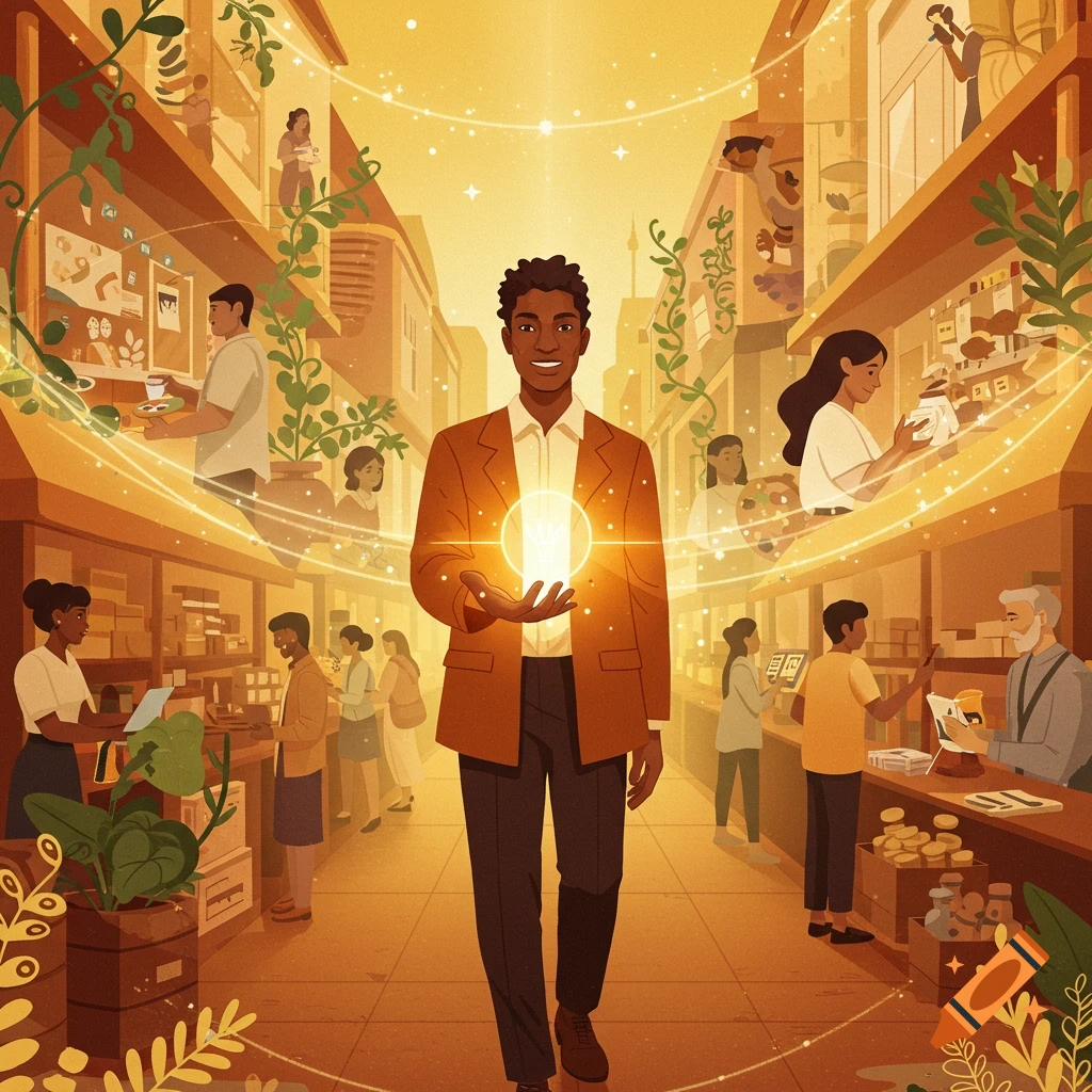 A man holding a glowing orb walks through a bustling, golden-lit marketplace filled with diverse people, plants, and shops in an illustration.