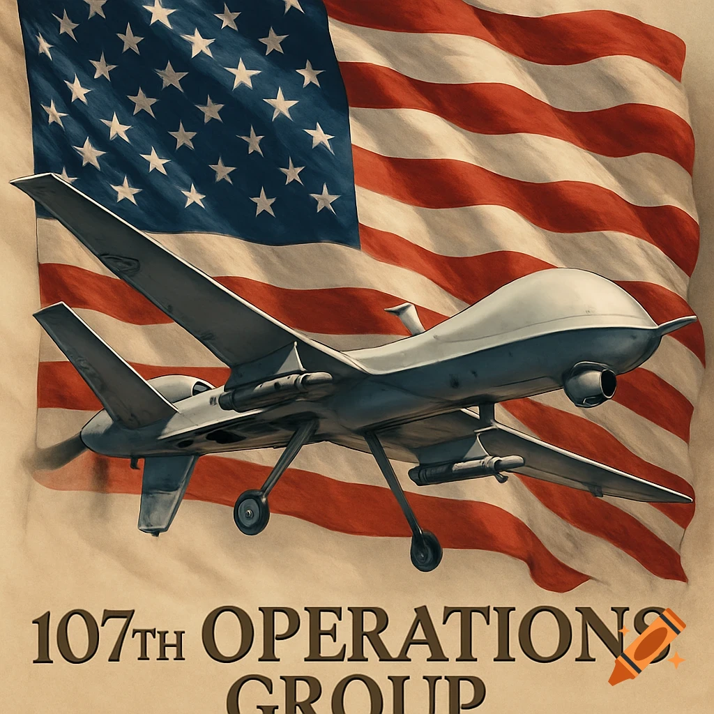 An MQ-9 Reaper drone flies in front of a waving American flag, with the text "107th OPERATIONS GROUP" written below.
