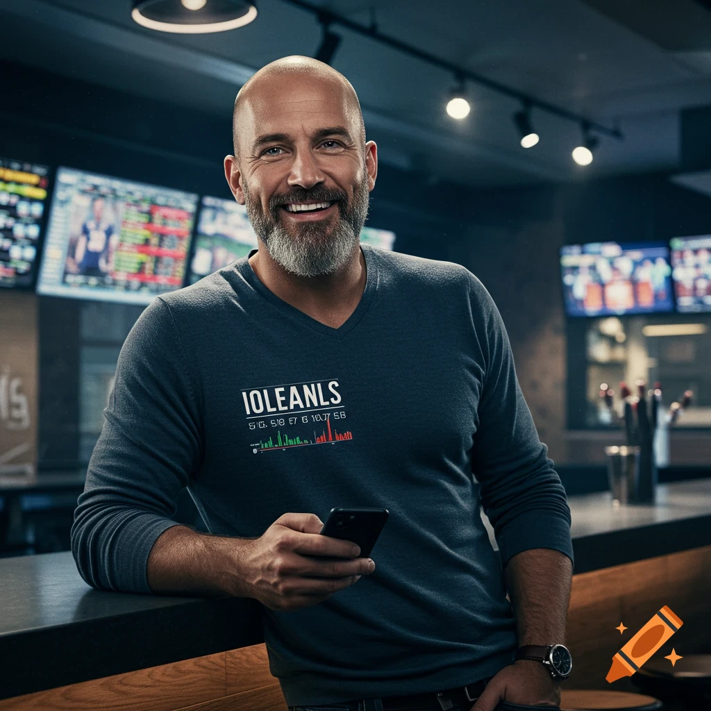 A smiling bald man with a beard leans on a bar counter, holding a smartphone, with sports screens in the background.