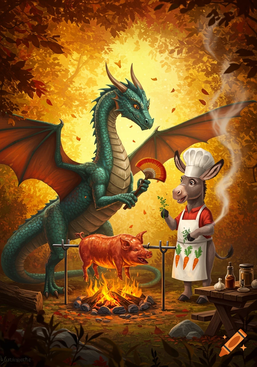 A cartoon dragon and donkey, wearing chef hats and aprons, cook a pig over a campfire in an autumn forest.