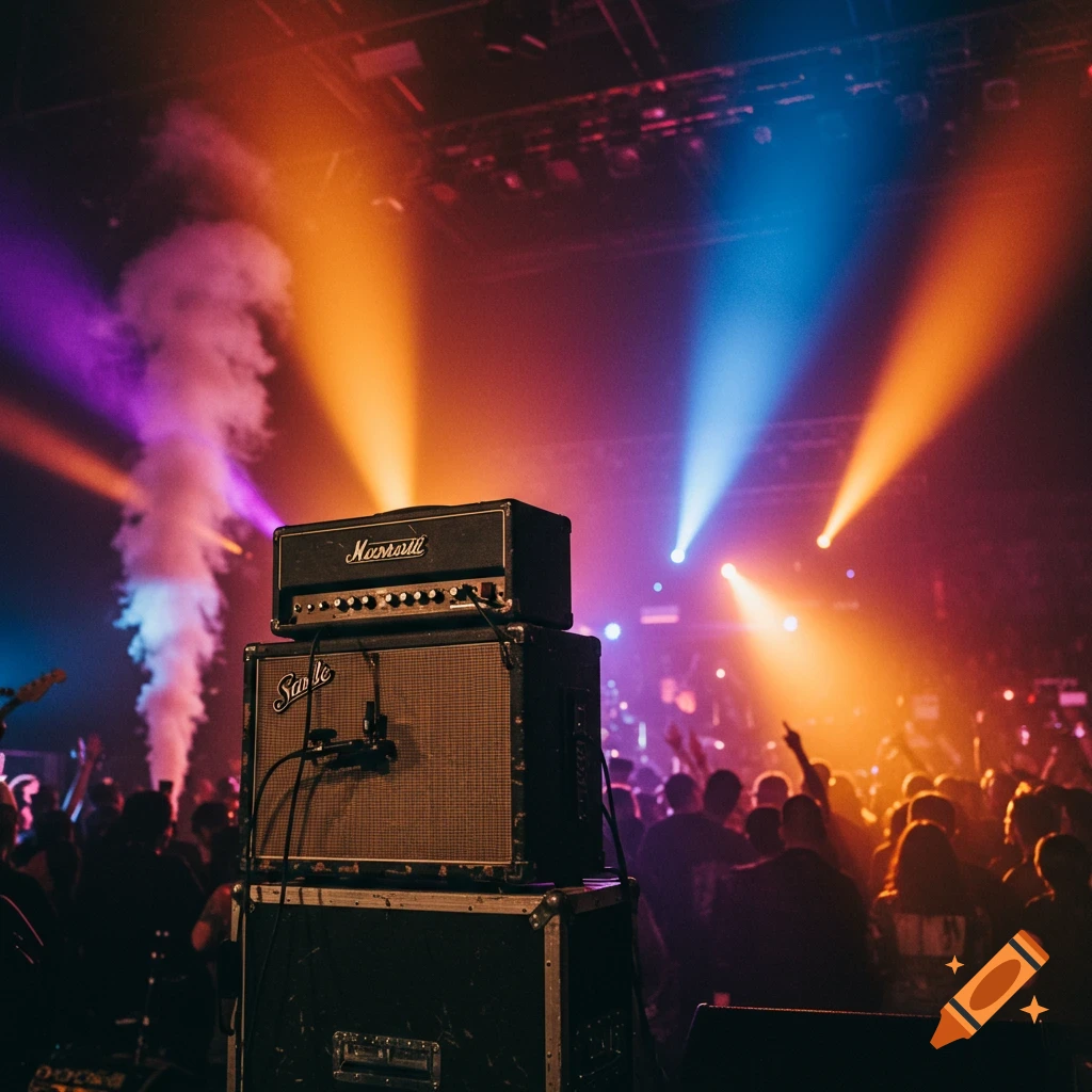 A close-up view of two guitar amplifiers on a smoky stage with colorful spotlights beaming over a blurry crowd at a live concert.