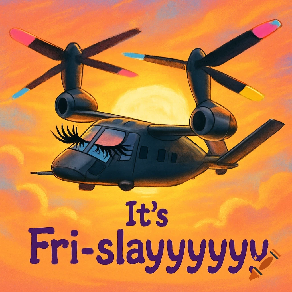 A cartoon military helicopter with long eyelashes and pink, blue, and yellow painted rotor tips flies in front of a sunset, with the text "It's Fri-slayyyyyy" at the bottom.