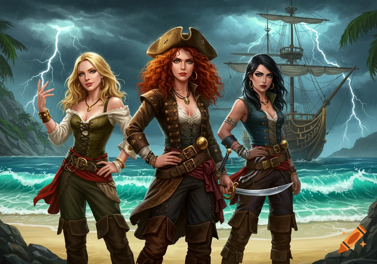 Three confident female pirates on a stormy tropical beach with a ship and lightning, in a semi-realistic cartoon style.
