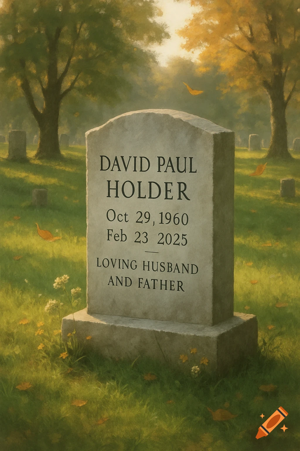 A gravestone in a sunny cemetery field with green grass and autumn trees.