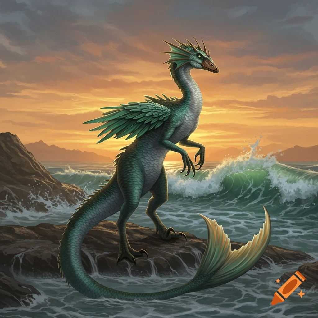 A green feathered creature with a dinosaur-like body, swan wings, and a mermaid tail stands on rocks in the ocean at sunset.