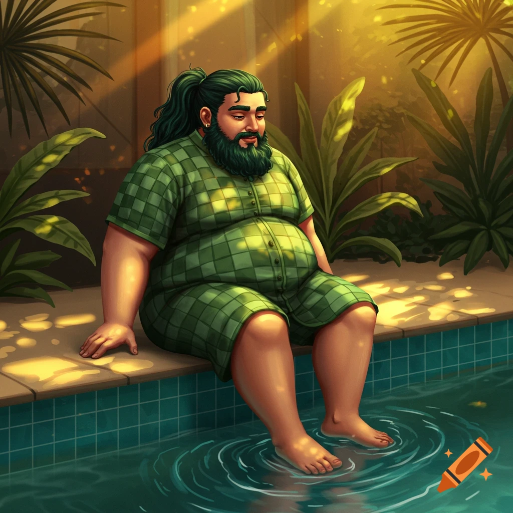An obese man with green hair and beard in a checkered outfit sits by a pool, dipping his feet in the water under sunlight.