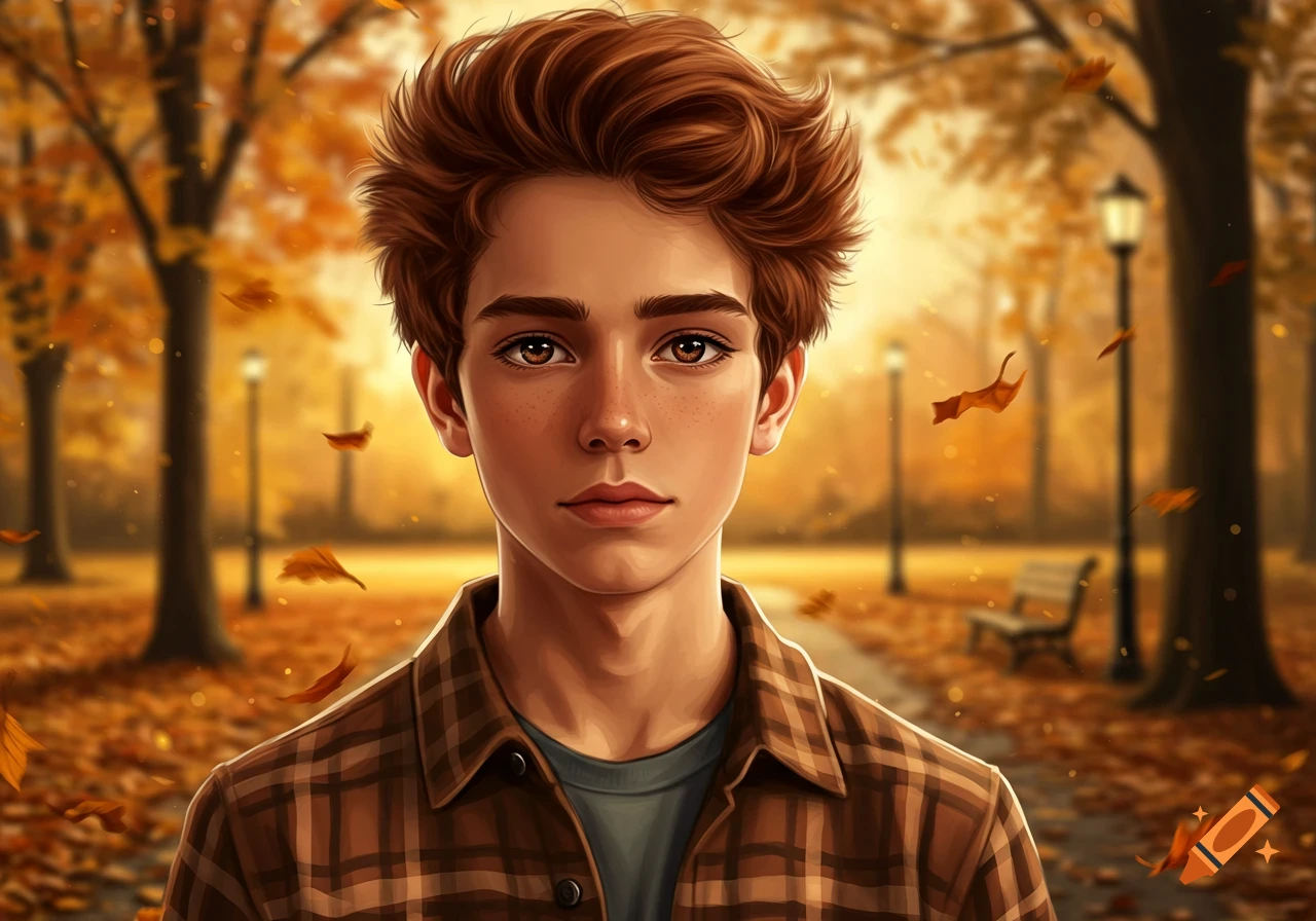Close-up digital illustration of a brown-haired teenager with freckles, standing in an autumn park with falling leaves.
