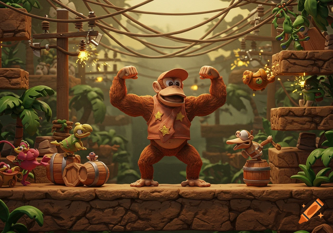A muscular, cartoon-style monkey wearing a red cap and orange vest flexes in a detailed jungle platformer level with power lines and other cartoon creatures.