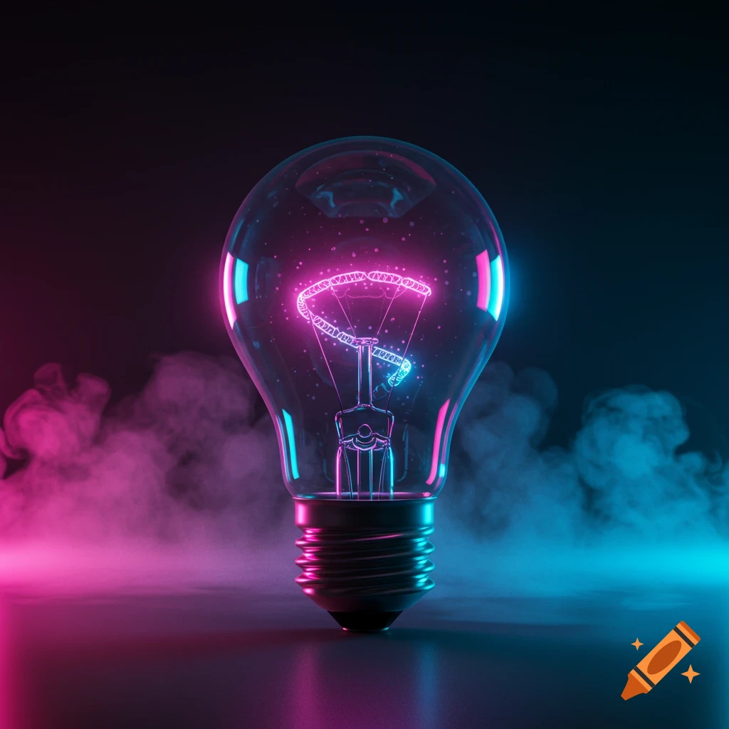 A lightbulb with a glowing pink and blue neon filament emits vibrant light and smoke against a dark background.