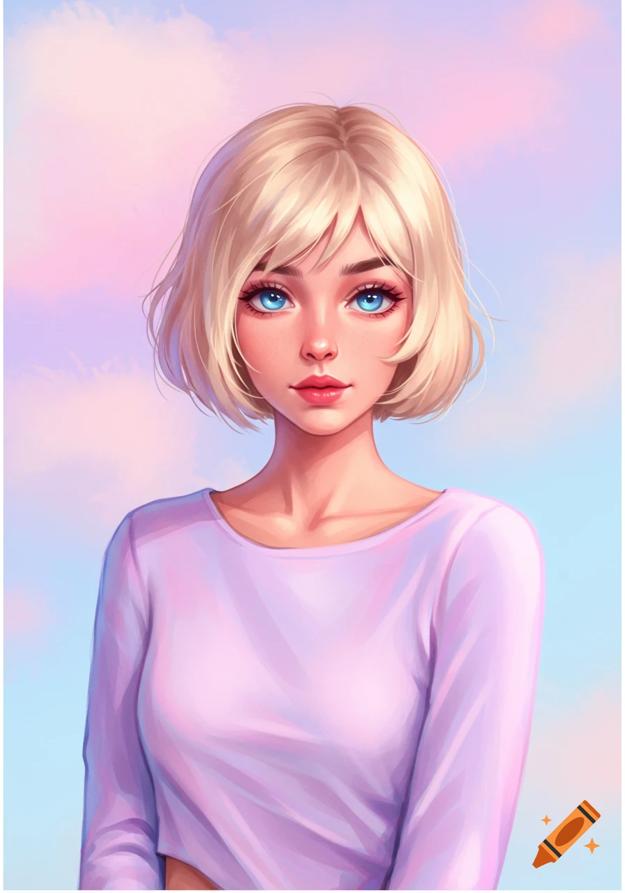 A portrait of a young woman with short blonde hair and blue eyes, wearing a light purple shirt, against a pastel sky.