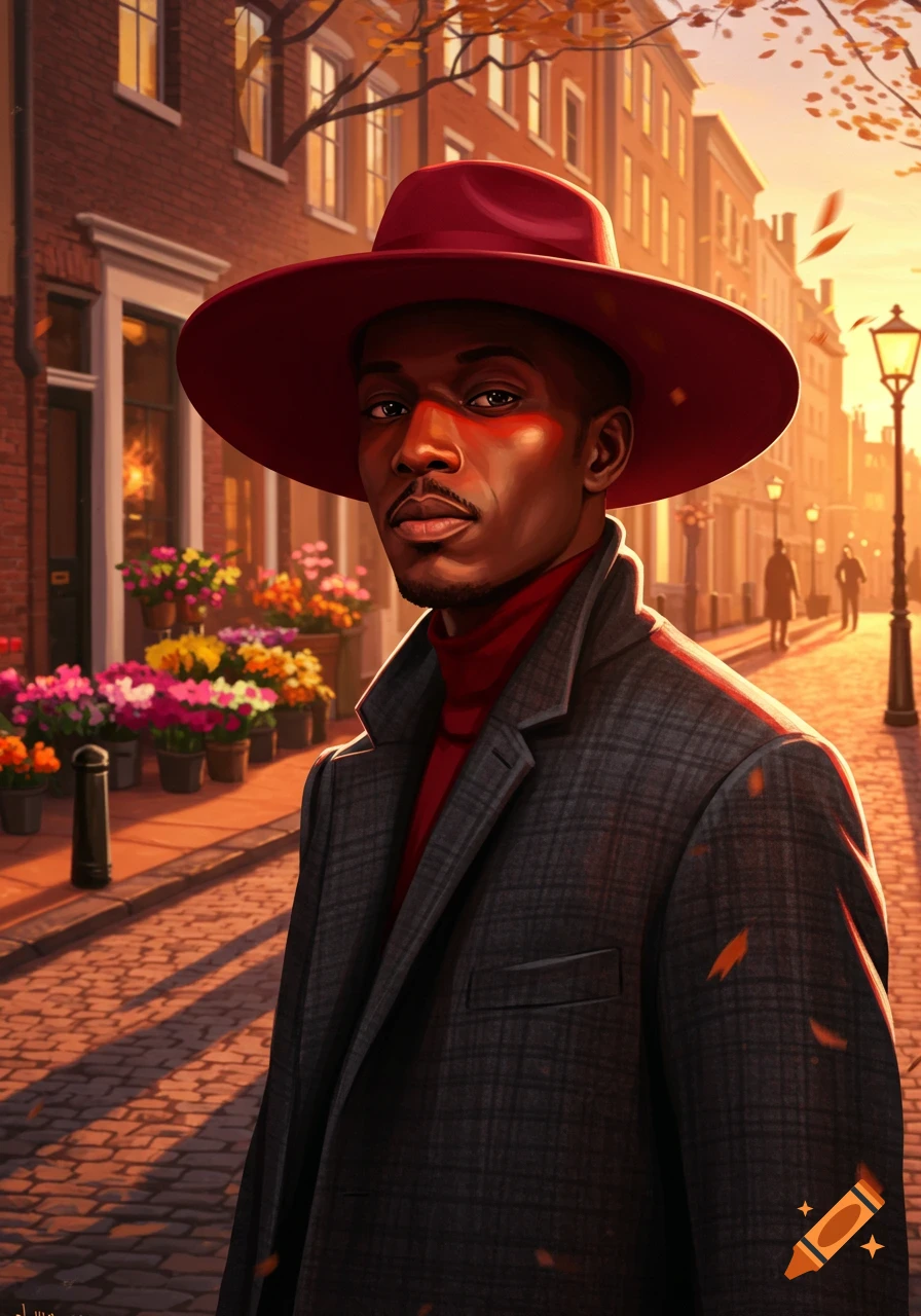 A stylish man in a red wide-brimmed hat and dark patterned coat stands on a city street bathed in warm autumn sunset light. Flowers line the street.