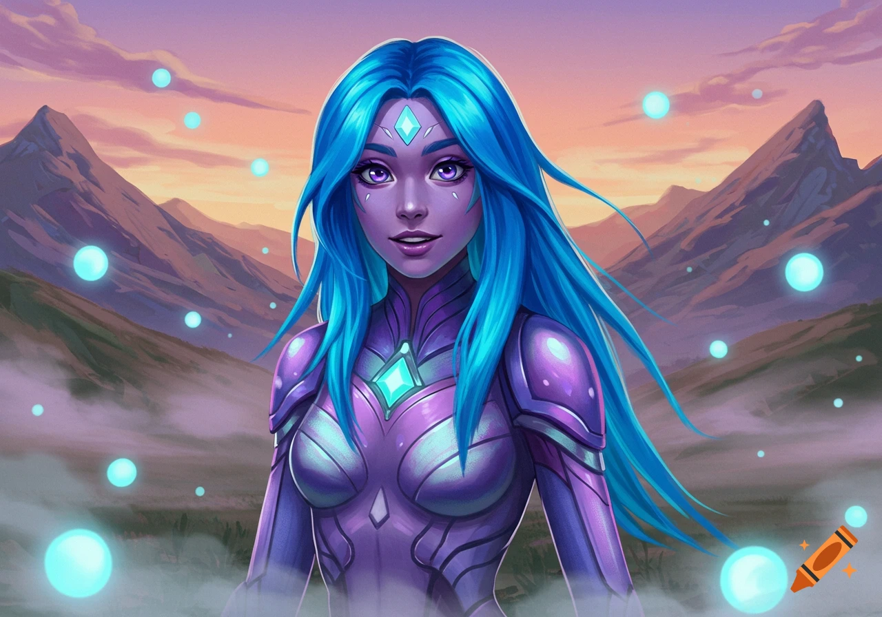 A purple-skinned woman with long blue hair and purple futuristic armor stands in a mountainous landscape with glowing blue orbs in the air.