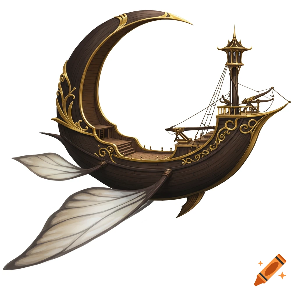 A fantasy flying ship shaped like a crescent moon with dark wood, gold details, and large moth-like wings.