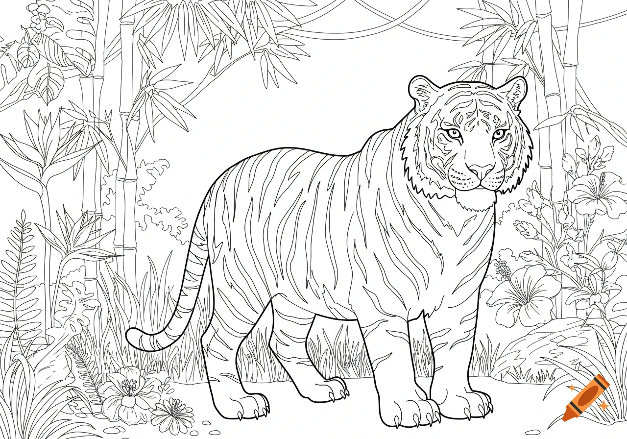 A detailed black and white line drawing of a tiger standing in a lush jungle with bamboo and various plants, suitable for a coloring book.
