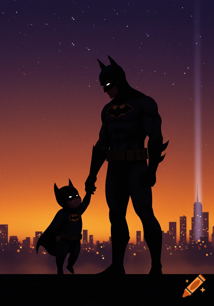 A silhouette of Batman holding hands with a small child Batman on a rooftop overlooking a city skyline at sunset in a stylized illustration.