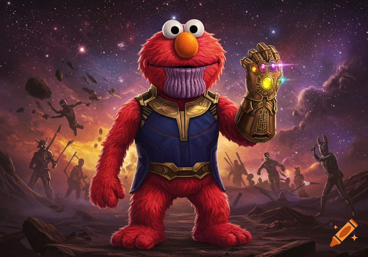 Elmo dressed as Thanos with the Infinity Gauntlet stands on a battlefield with shadowy figures and debris floating in a cosmic sky.
