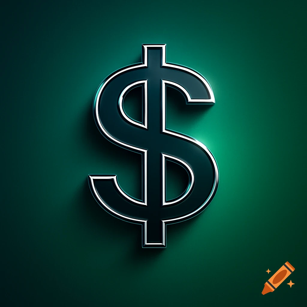 A stylized 3D dollar sign symbol with a metallic sheen on a dark green background with a subtle glow.