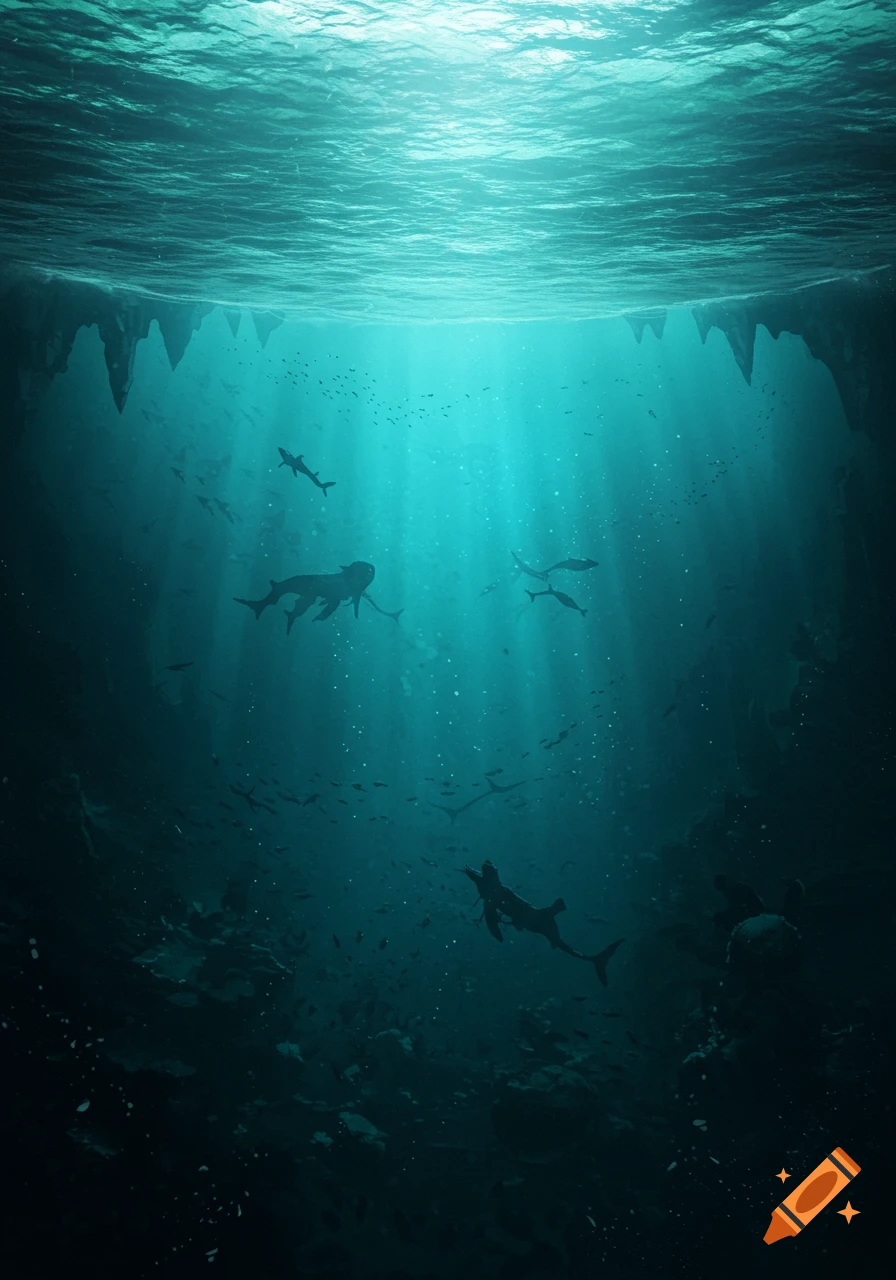 Underwater view looking down into a dark ocean abyss with light rays, silhouetted sharks, and schools of fish.