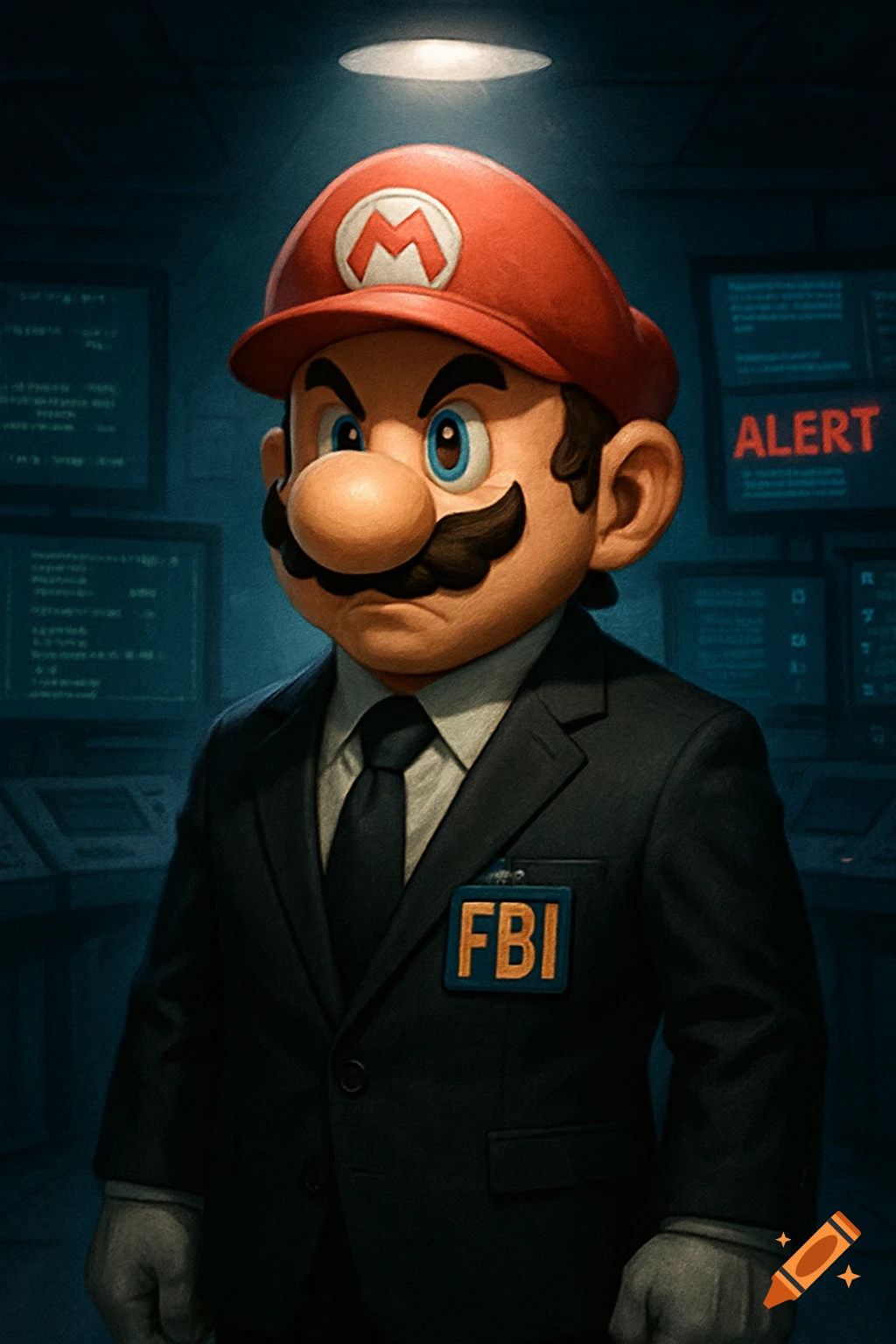 Stylized digital art of Mario wearing an FBI suit in a dark control room with screens displaying 'ALERT'.