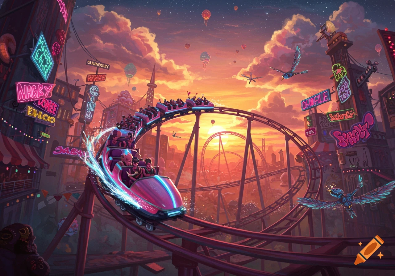 A vibrant, whimsical rollercoaster carrying riders through a futuristic city at sunset, surrounded by neon signs and colorful clouds.