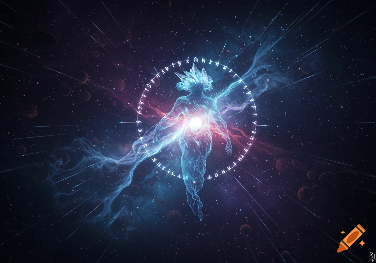 An ethereal, glowing blue figure with spiky hair stands in deep space, encircled by glowing symbols.