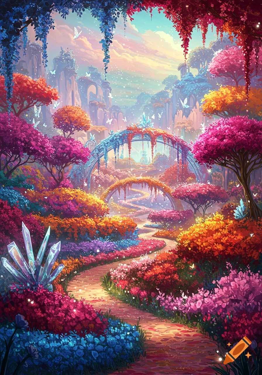 A vibrant, colorful magical flower garden with winding paths, crystal-adorned bridges, and lush trees, under a rainbow sky with butterflies.