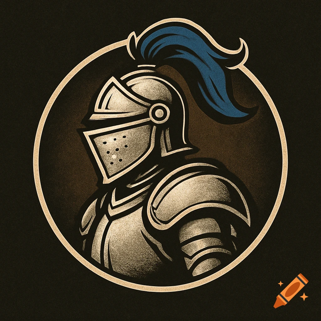 A vintage-style illustration of a knight's helmet and armor with a blue plume, enclosed in a circle.