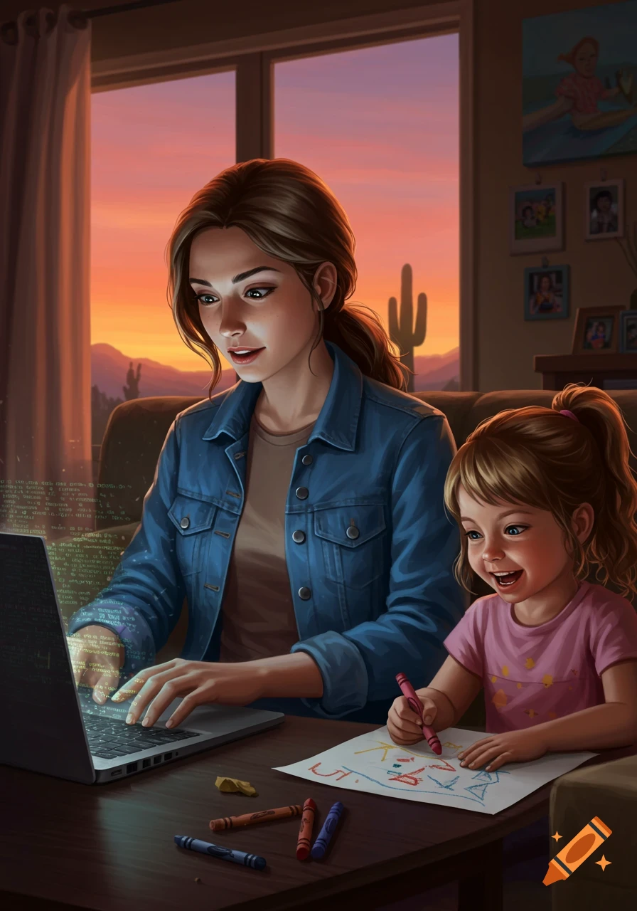 An illustration of a woman working on a laptop with garbled code, sitting next to her daughter coloring, with a desert sunset background.