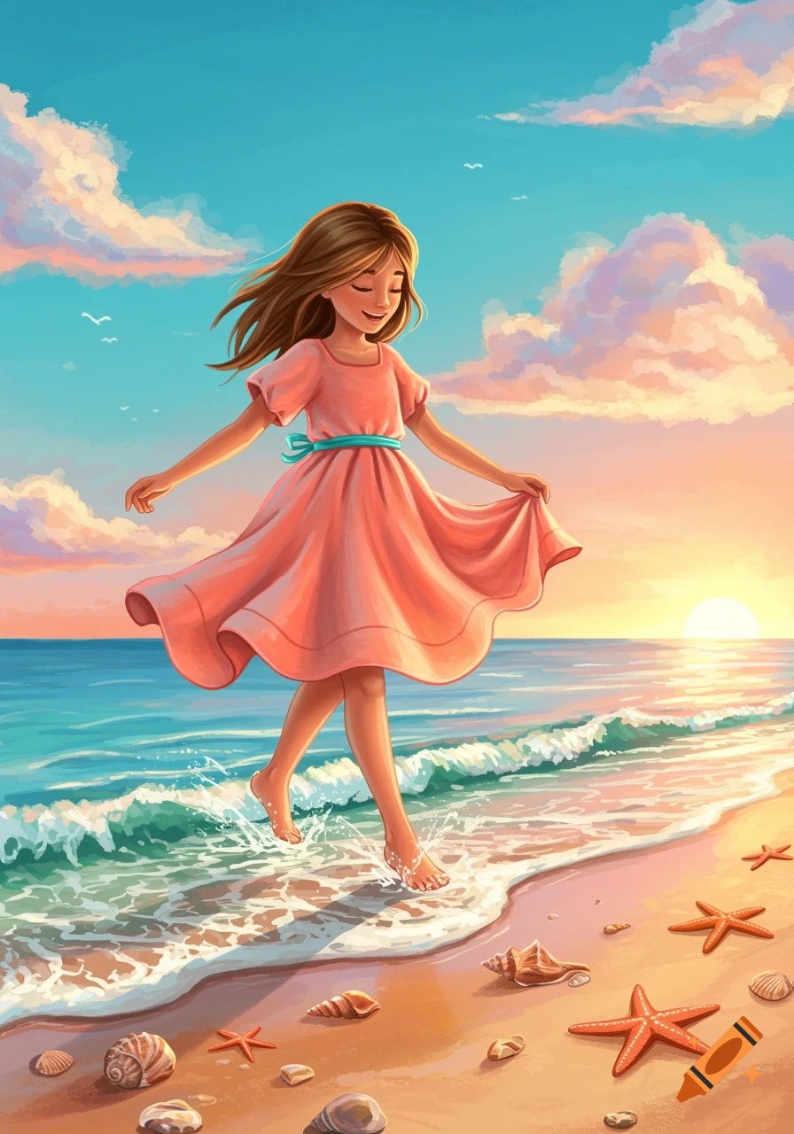 An illustration of a girl in a pink dress walking barefoot in the water on a beach at sunset with seashells and starfish.