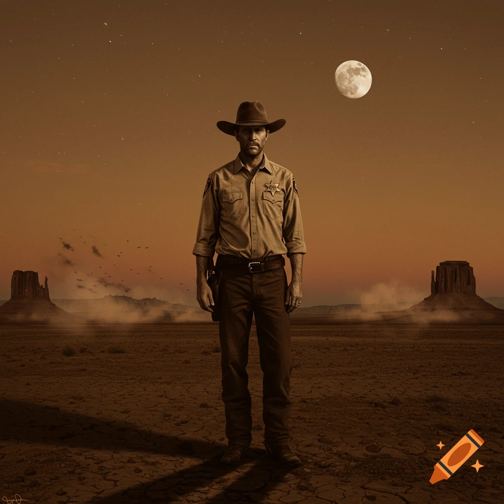 A lone sheriff stands in a vast, arid desert landscape with buttes under a full moon, sepia-toned.