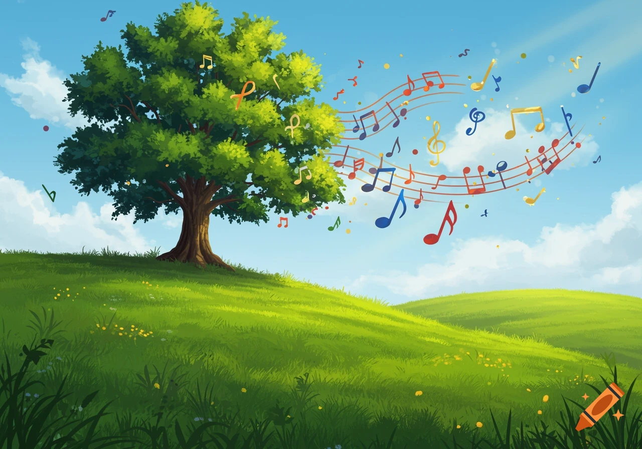 A vibrant illustration of a tree on a green hill with colorful music notes floating into the sky.