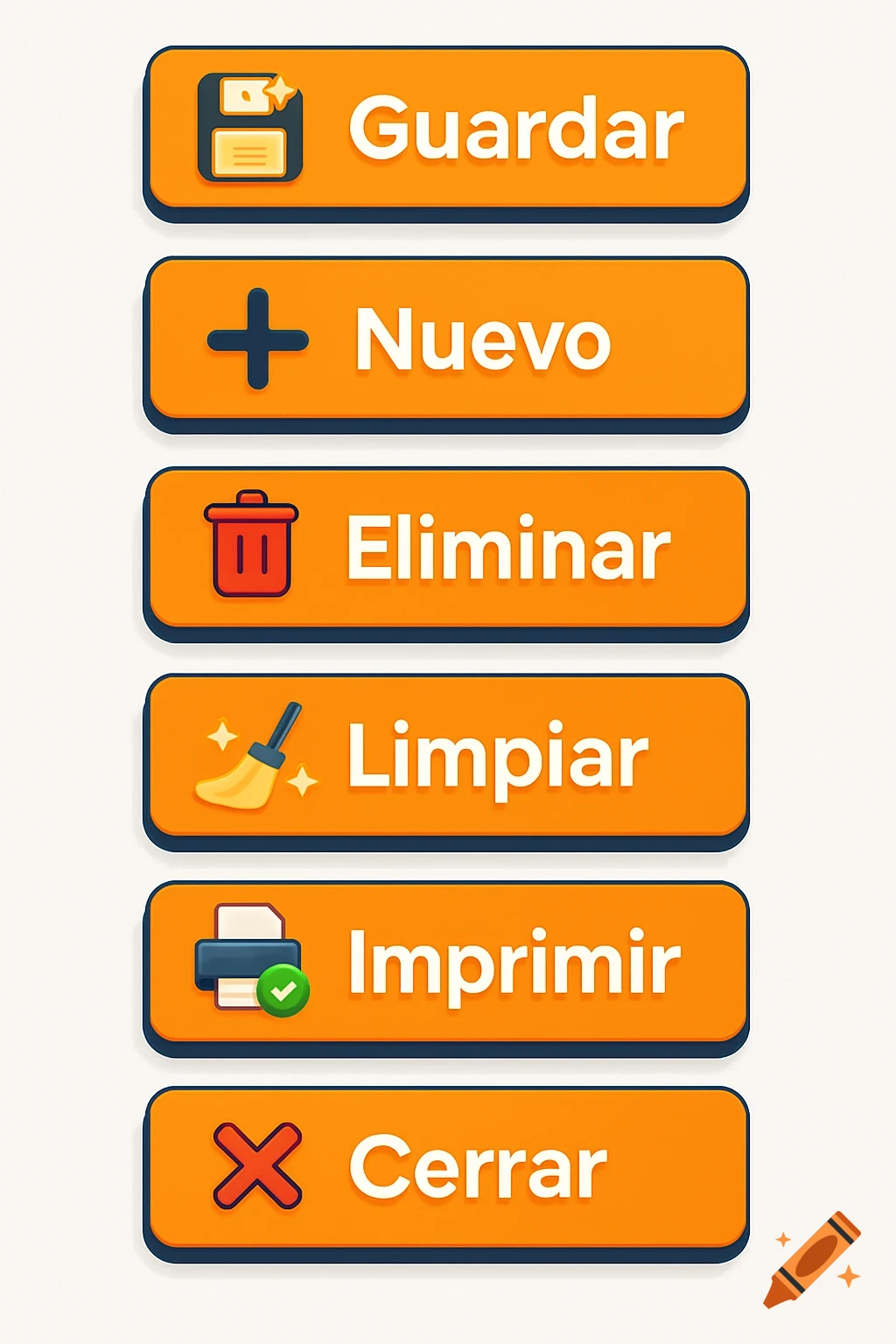 A stack of six orange UI buttons with icons: Save, New, Delete, Clean, Print, and Close, in a flat digital style.