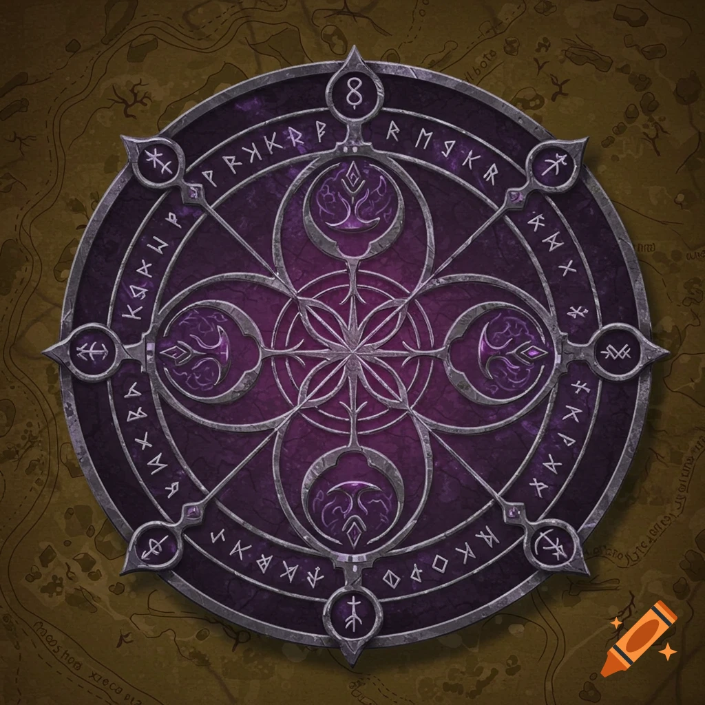 A purple necromantic sigil with silver accents and runes, centered on a brown map background.
