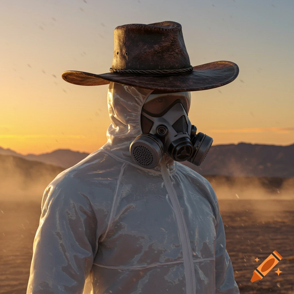 A person in a shiny hazmat suit and cowboy hat stands in a dusty desert landscape at sunset, wearing a gas mask.