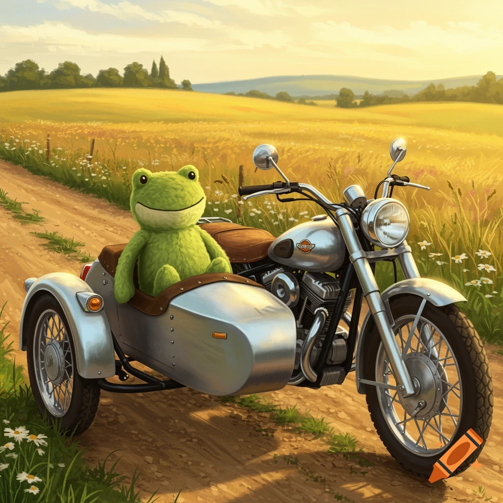 A plush green frog sits in the sidecar of a vintage motorcycle on a dirt road through a sunlit field.