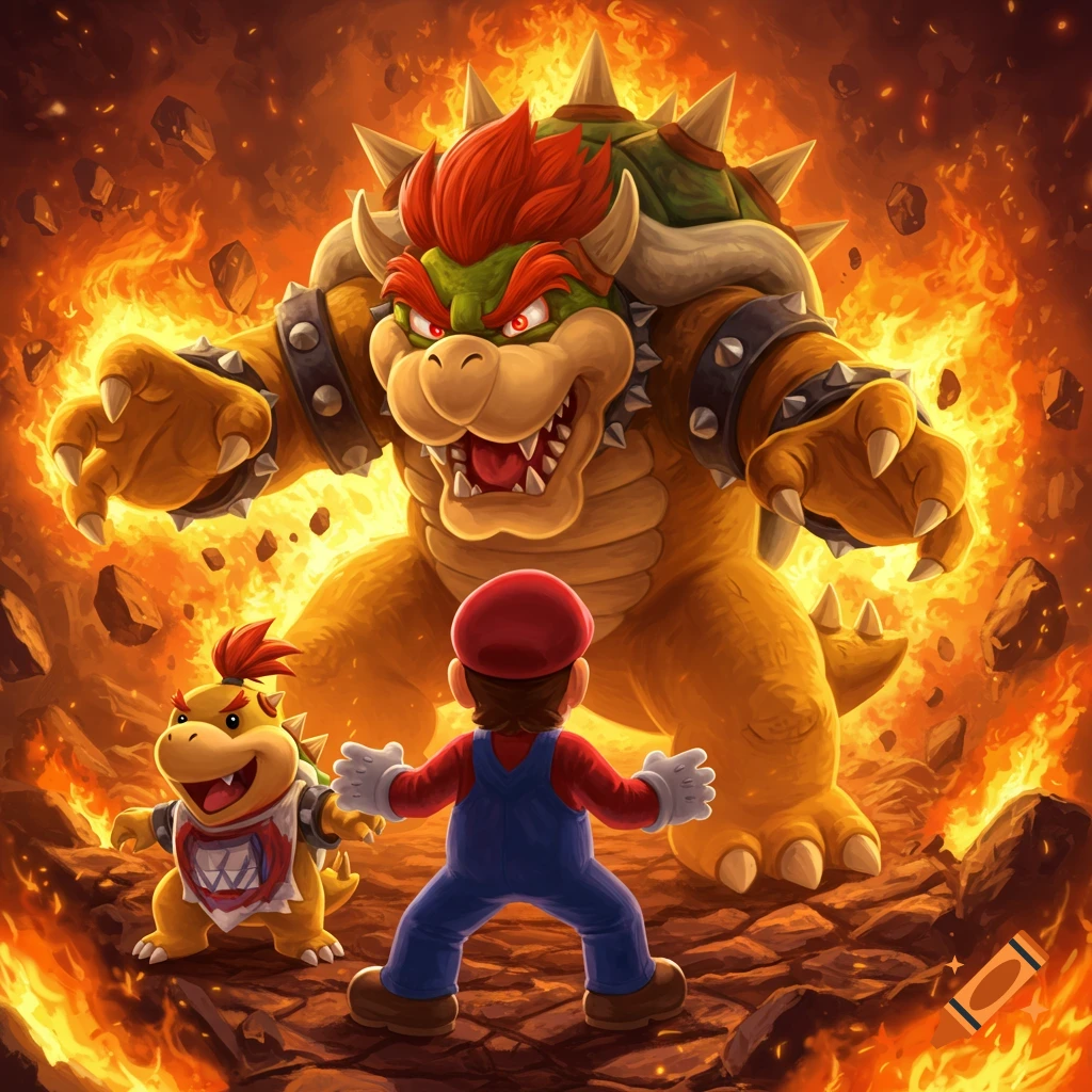 Mario stands before a giant Bowser and Bowser Jr. in a fiery, volcanic landscape with falling rocks.