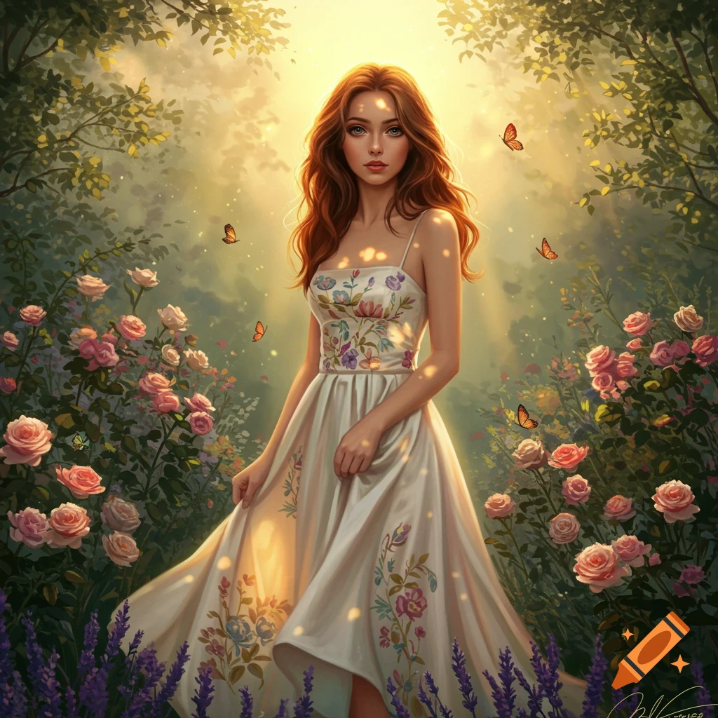 A beautiful woman with long red hair in a white floral dress stands in a sunlit garden filled with pink roses and purple flowers, with butterflies fluttering around her.
