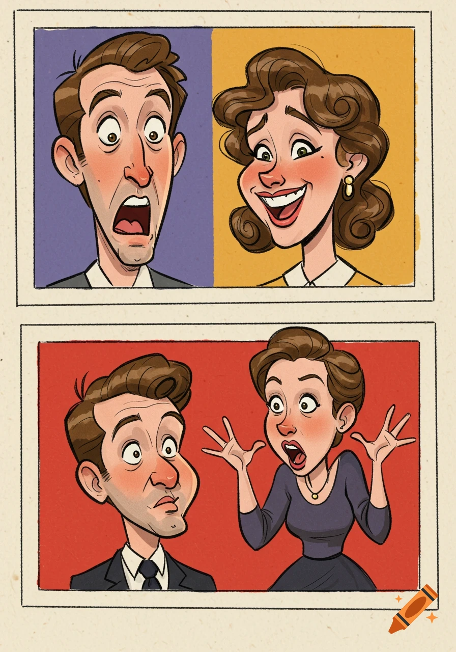 A two-panel comic strip illustration featuring caricature portraits of a man and a woman displaying various emotions.