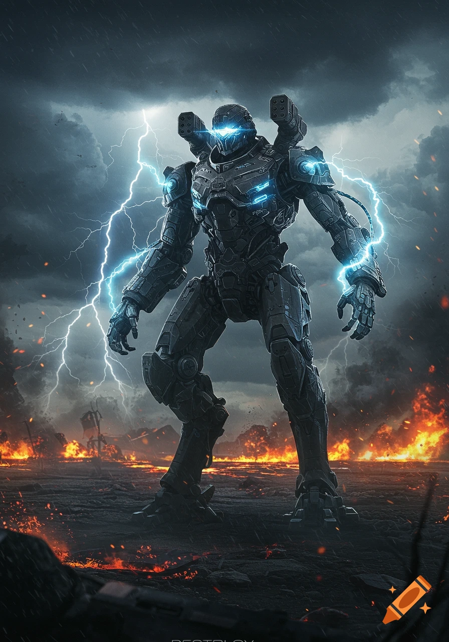 A large, dark armored mech with glowing blue accents stands in a stormy, burning, destroyed landscape under lightning.