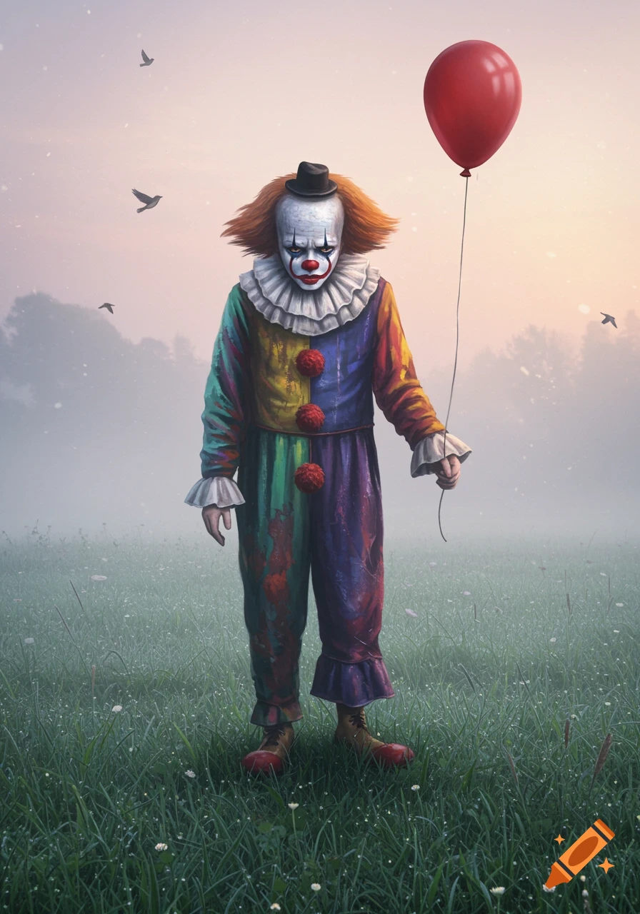 A creepy clown in a ruffled, colorful costume stands in a misty field at dawn, holding a red balloon.